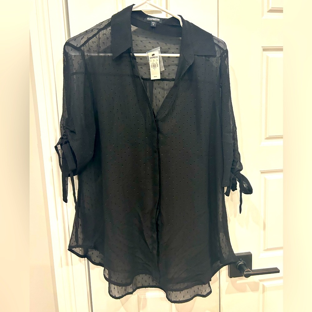 Express Button Down High Low Black Clip Dot Top Size Large NWT
